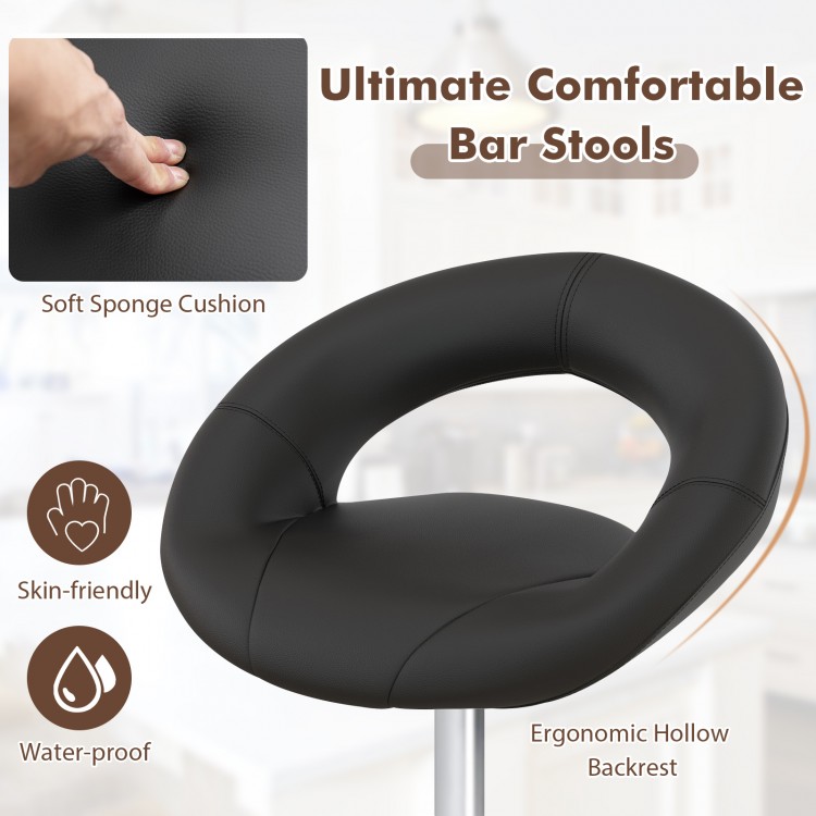 Black bar stool with ergonomic hollow back, soft sponge cushion, and adjustable height for personalized comfort.