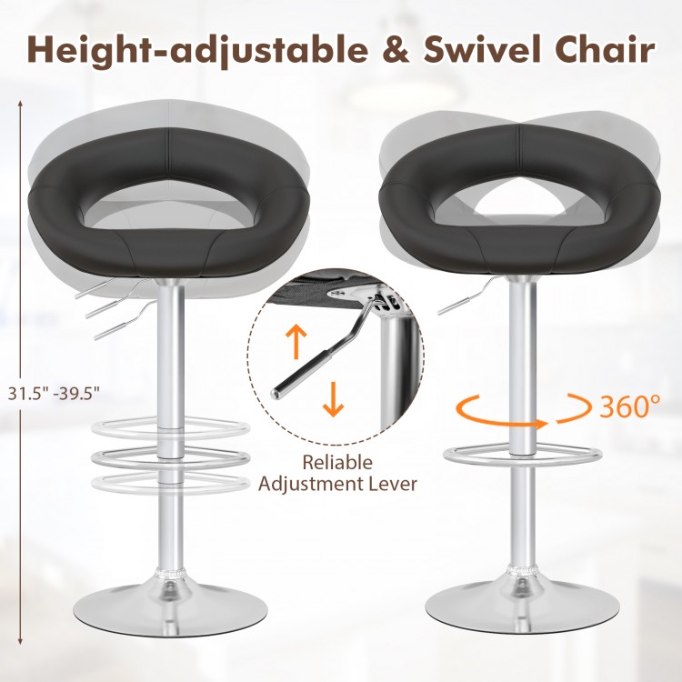Height-adjustable black bar stool with hollow back, footrest, and 360-degree swivel for personalized comfort.