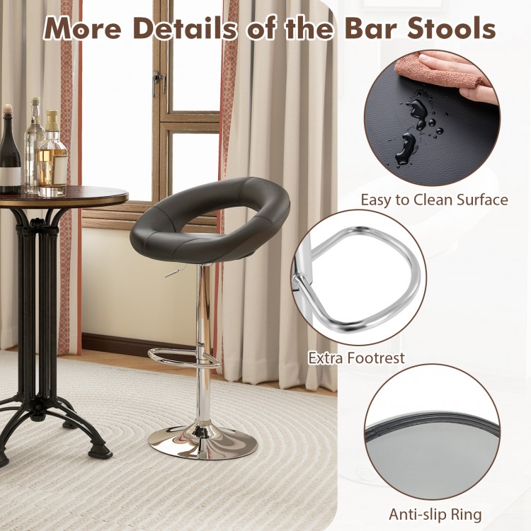 Black height adjustable bar stool with curved hollow back, footrest, and easy-to-clean PU leather surface for comfort.