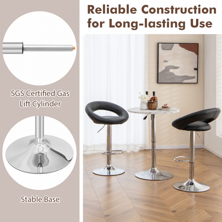 Height adjustable black bar stools set of 2 with hollow back, footrest, and stable electroplated metal base.