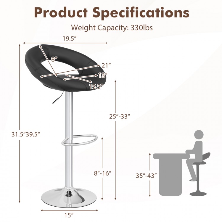 Height adjustable black bar stool with hollow back, footrest, and electroplated base, ideal for personalized comfort.
