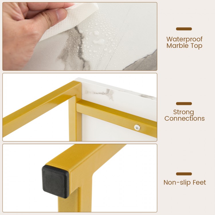 Close-up of the waterproof faux marble top of a 47-inch entryway table with gold metal frame for elegant decor.