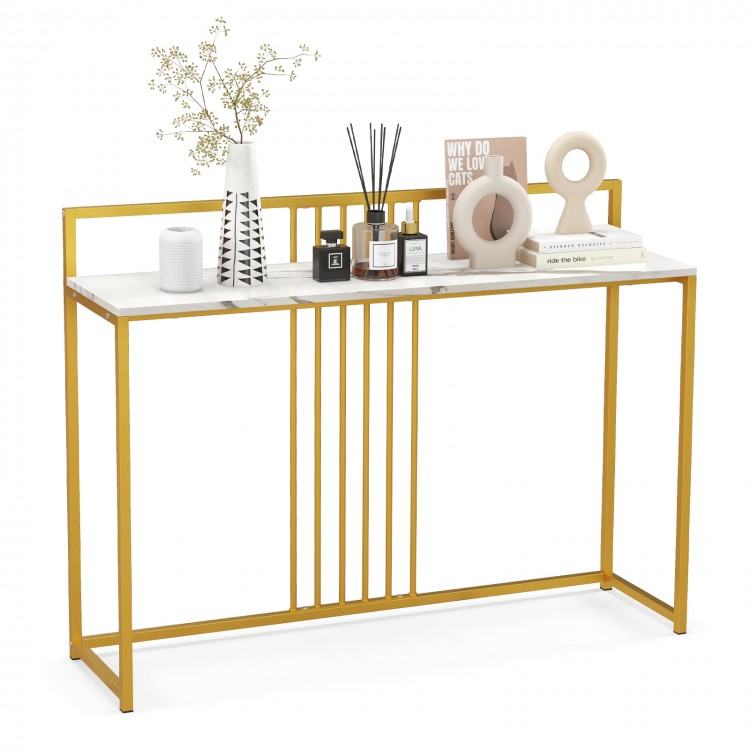 47-inch entryway table with faux marble top and gold metal frame, ideal for console or sofa table use.