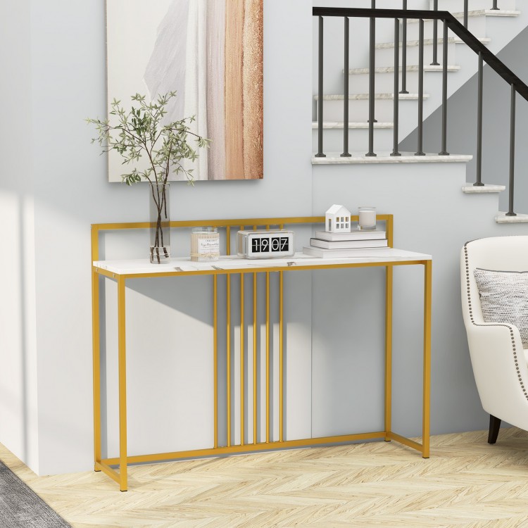 47-inch entryway table with faux marble top and gold metal frame, perfect for console or sofa table use.
