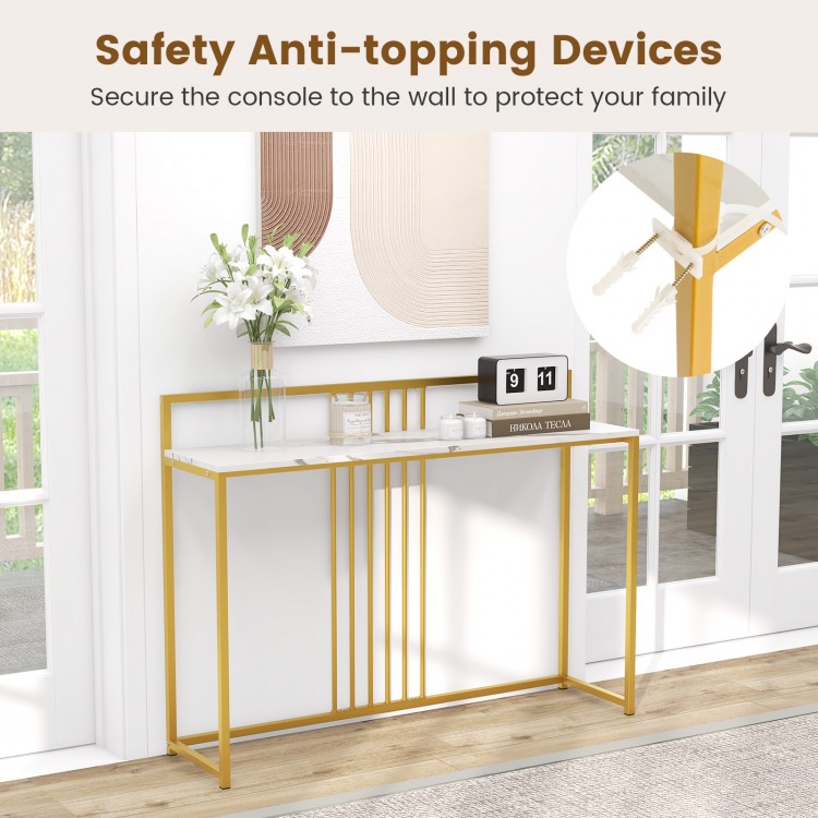 47-inch entryway table with faux marble top and gold metal frame, featuring anti-toppling devices for added safety.