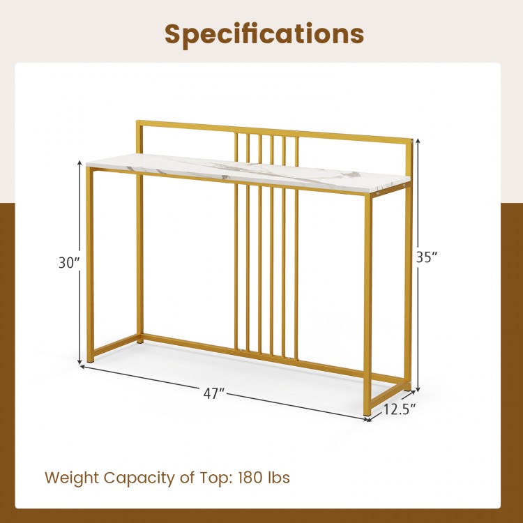 47-inch entryway table with faux marble top and gold metal frame, ideal for console or sofa use.
