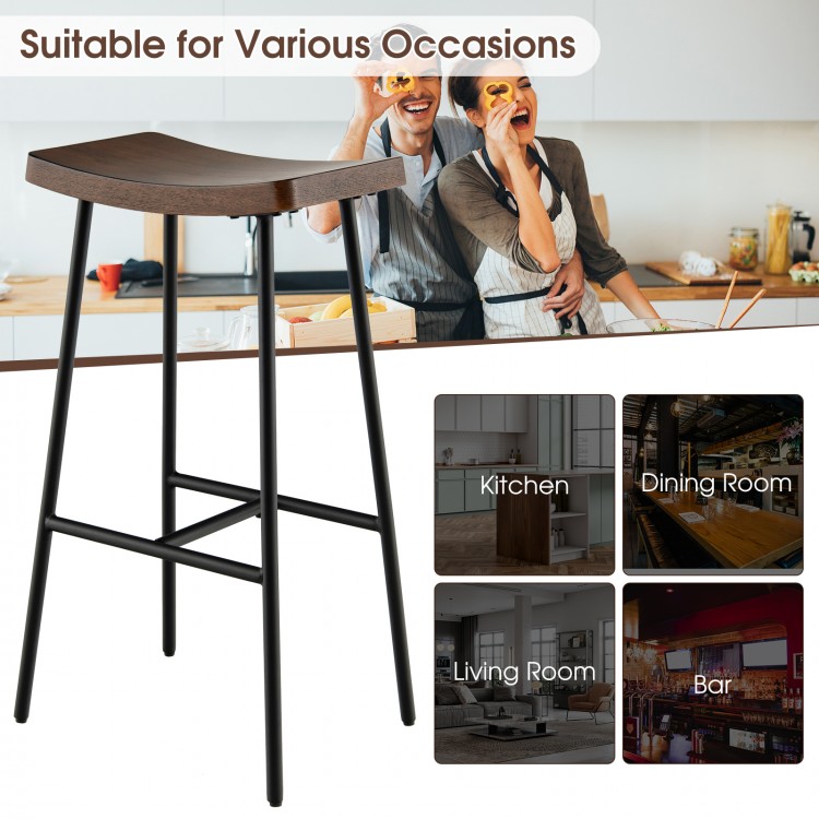 Industrial saddle bar stool with metal legs, 29 inches tall, perfect for kitchen, dining, or bar use.