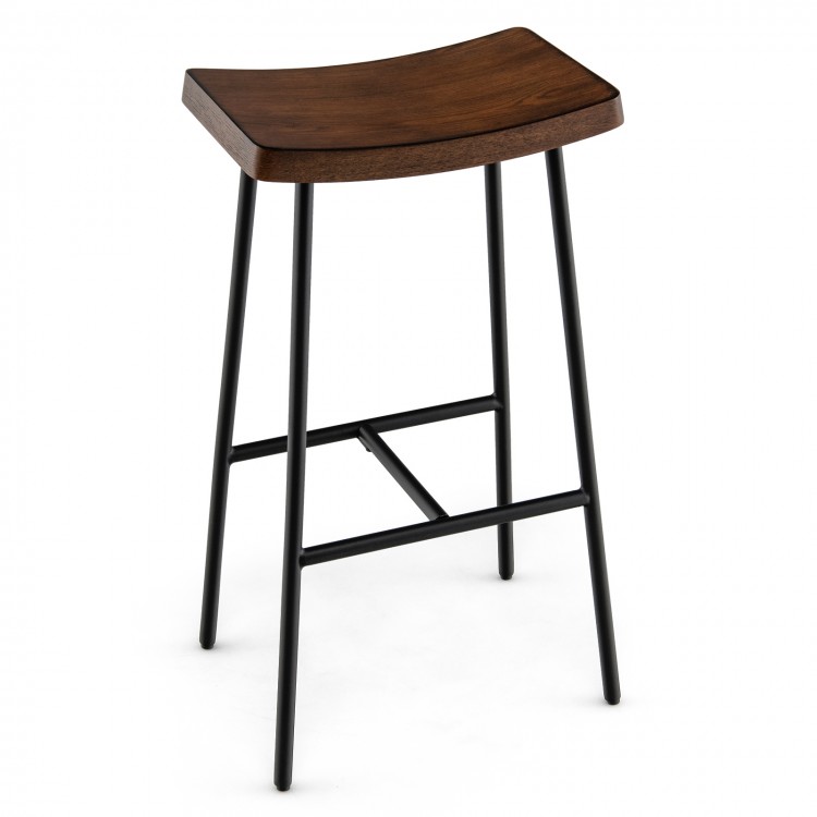 Industrial saddle bar stool with a contoured MDF seat and powder-coated metal legs, ideal for kitchen or bar use.