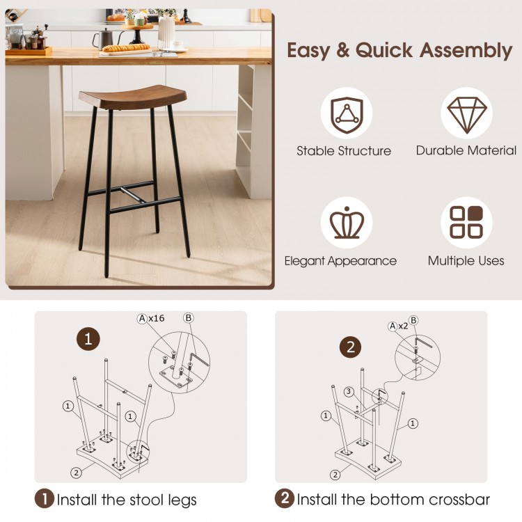 Industrial saddle bar stool with powder-coated metal legs, contoured MDF seat, perfect for kitchen or bar use.