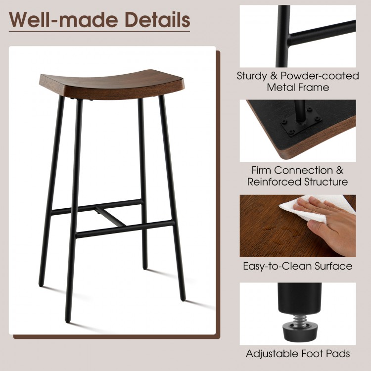 Industrial saddle bar stool with powder-coated metal legs and contoured MDF seat, ideal for kitchen or bar use.