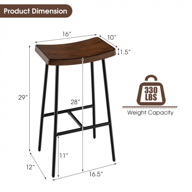 Industrial saddle bar stool with metal legs, 29 inches tall, featuring a contoured MDF seat for kitchen or bar use.