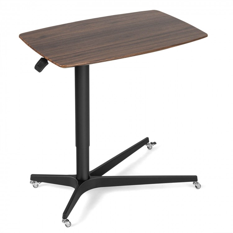 Height adjustable mobile standing desk in brown with lockable wheels, perfect for versatile use in various spaces.