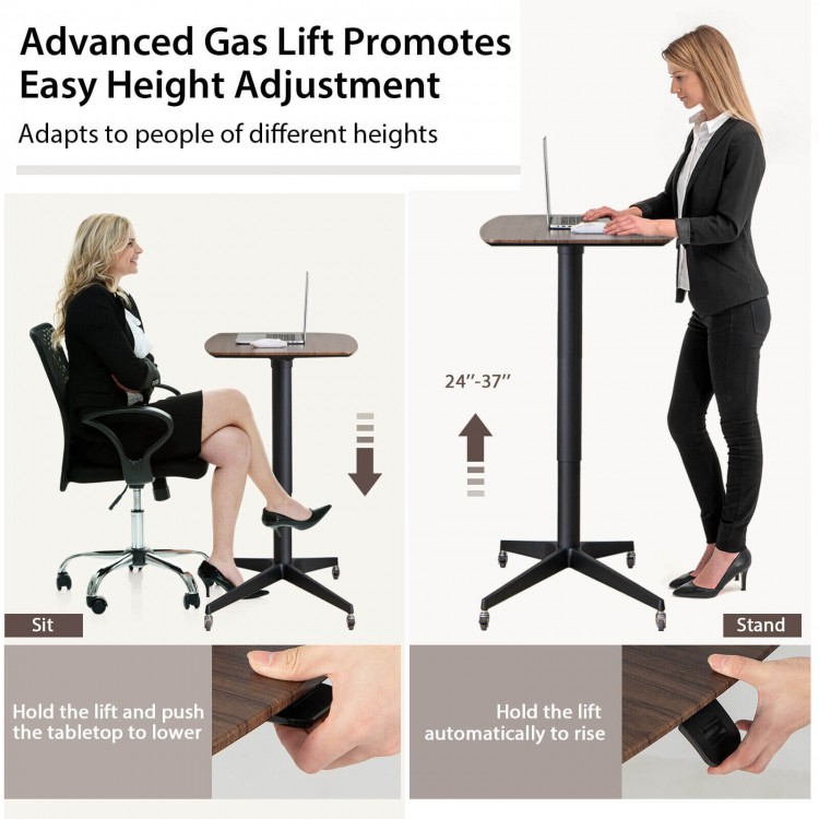 Height adjustable mobile standing desk in brown, 24-37'' height range, with lockable wheels for versatile use.