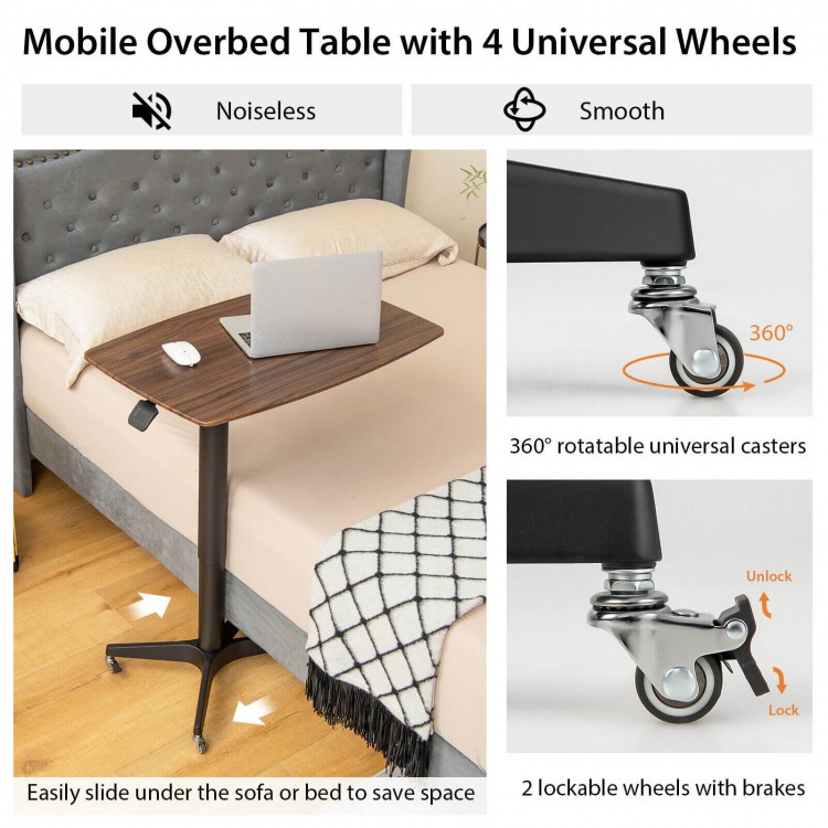 Height adjustable mobile overbed table in brown with 360° wheels, perfect for reading or working in various settings.