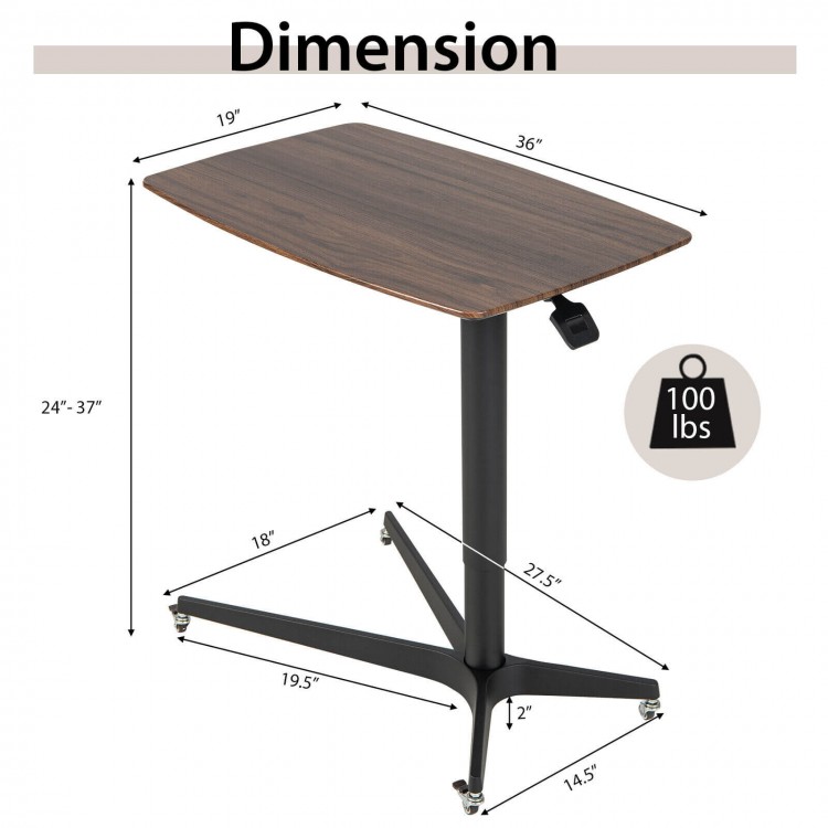 Height adjustable mobile standing desk in brown with lockable wheels, dimensions 36"x19", ideal for versatile use.