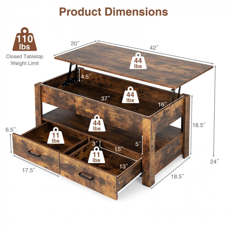 Lift top coffee table in rustic brown with dimensions, featuring 2 storage drawers and hidden compartment for versatile.