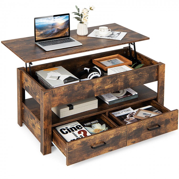 Lift top coffee table in rustic brown with 2 storage drawers and hidden compartment, ideal for working or dining.