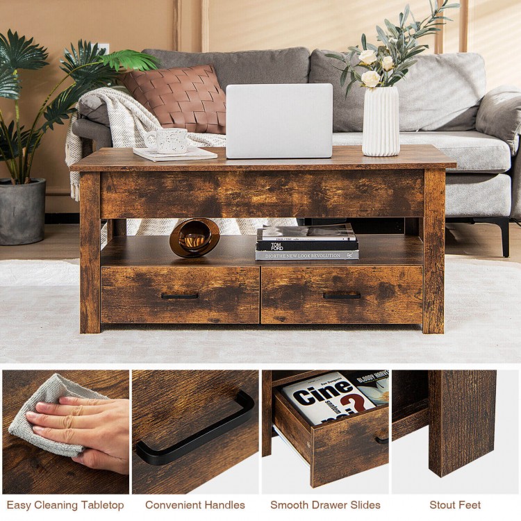 Lift top coffee table in rustic brown with two storage drawers and open compartments, ideal for versatile use.