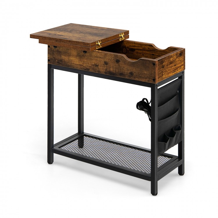 Industrial end table in rustic brown with flip top, charging station, and storage for organized living spaces.