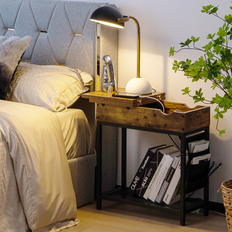 Industrial end table in rustic brown with a sturdy steel frame and adjustable foot pads for stability in any room.
