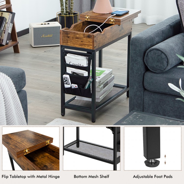 Industrial end table in rustic brown with flip top, charging station, and mesh shelf for organized storage and easy.