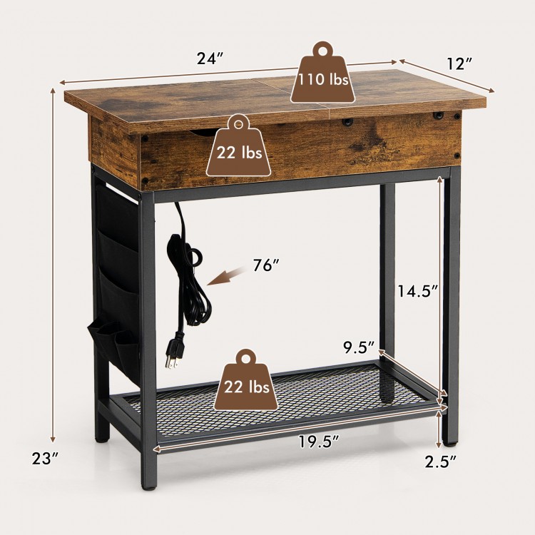 Industrial end table in rustic brown with charging station, flip top, and ample storage for bedroom or living room use.