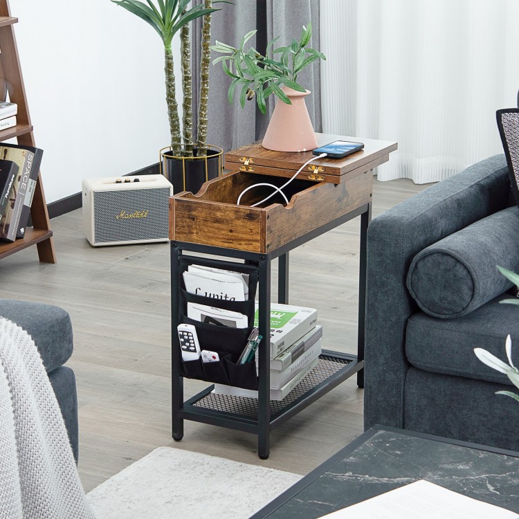 Industrial end table with a rustic brown finish, showcasing a flip top and accessible charging ports for convenient.