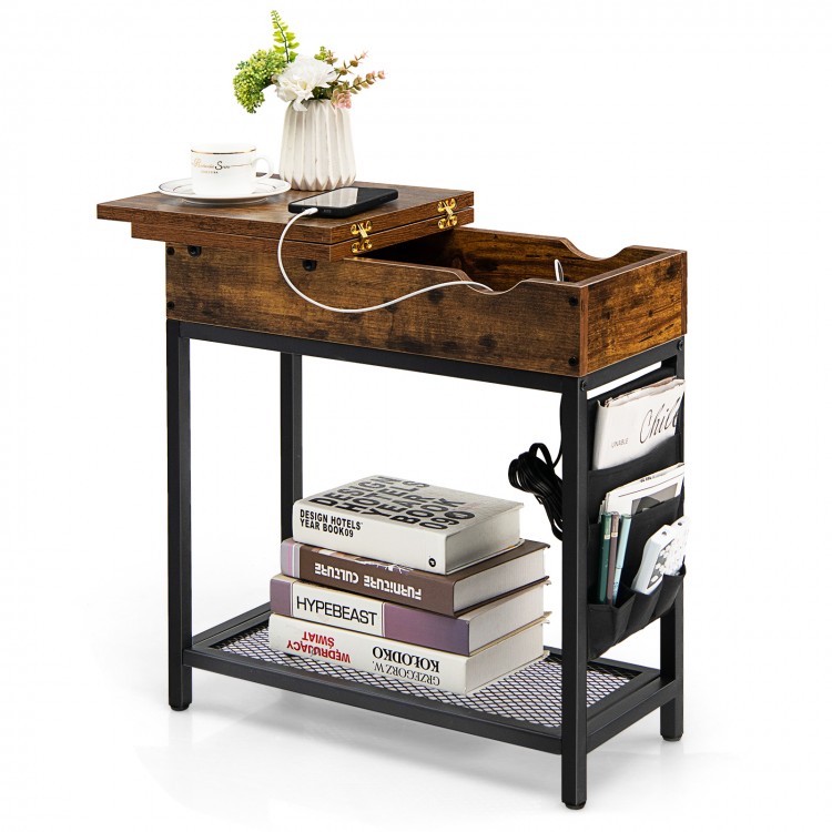 Industrial end table in rustic brown with charging station, flip top, and ample storage for living room or bedroom use.