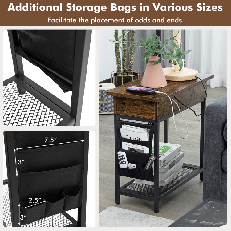 Industrial end table with charging station, rustic brown finish, featuring storage bags and power outlets for.
