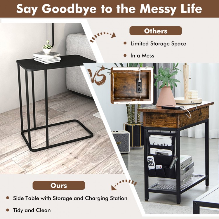 Industrial end table with charging station, flip top, and ample storage for a tidy living room or bedroom setup.