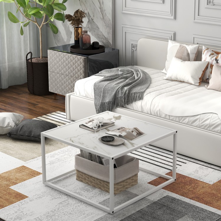 Modern glass square coffee table with faux marble top and matte steel frame, ideal for living room use.
