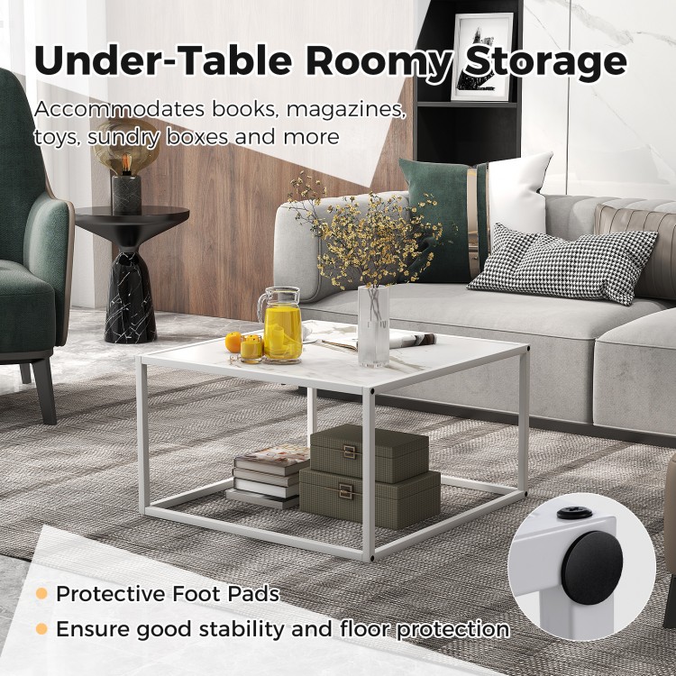 Modern glass square coffee table with a matte steel frame, featuring roomy under-table storage for magazines and books.