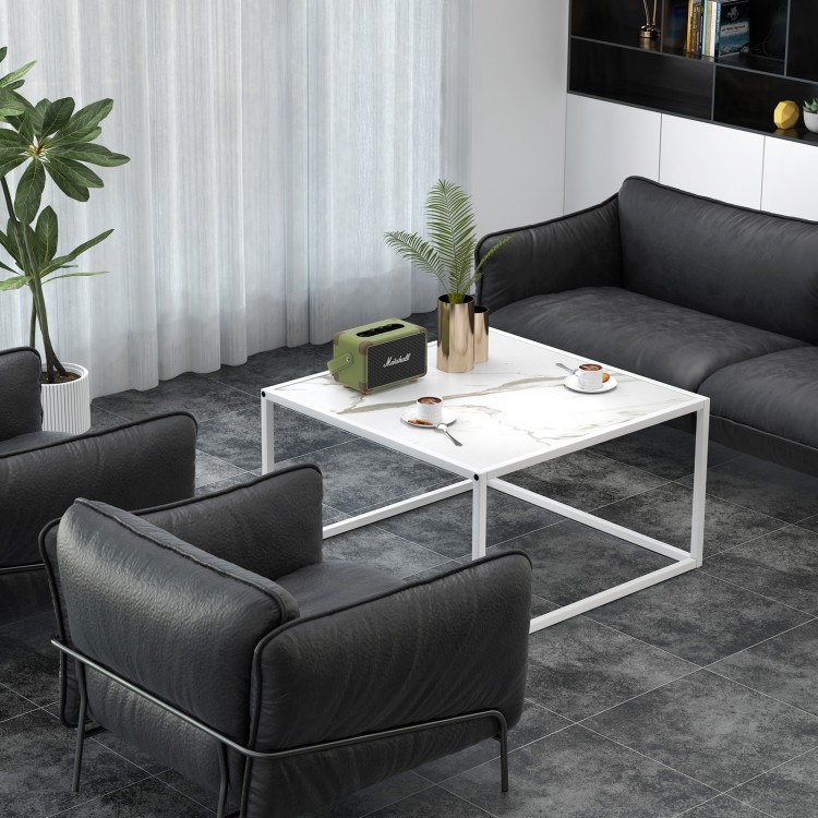 Modern glass square coffee table with a faux marble top and matte steel frame, perfect for living room decor.