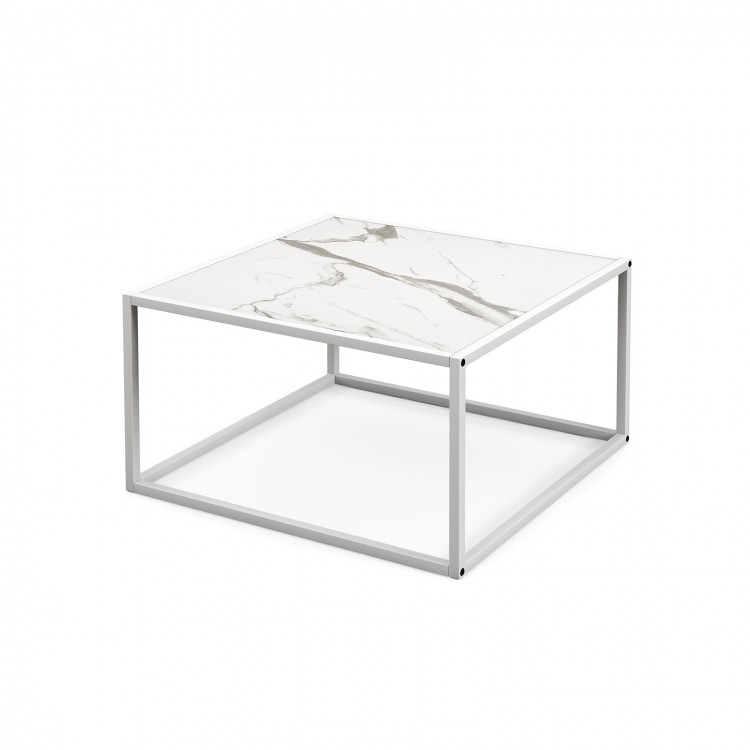 Modern square coffee table with faux marble top and matte steel frame, perfect for living room or bedroom use.