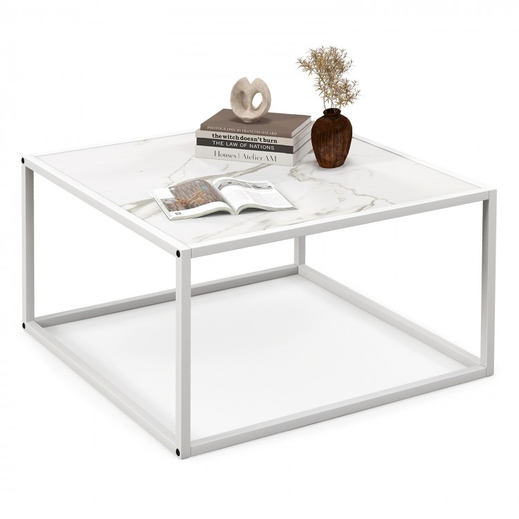 Modern square coffee table with faux marble top and matte steel frame, perfect for living room or bedroom decor.