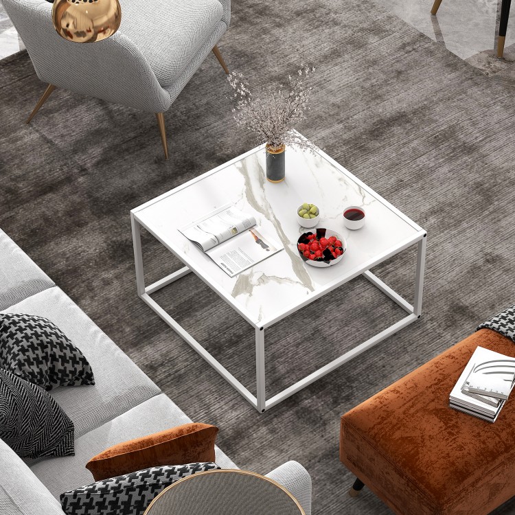 Modern square coffee table with faux marble top and matte steel frame, perfect for living room decor and convenience.