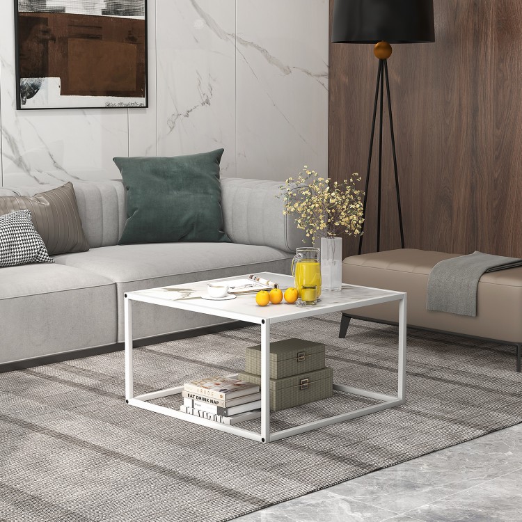 Modern glass square coffee table with a white matte steel frame and faux marble top, perfect for living room decor.