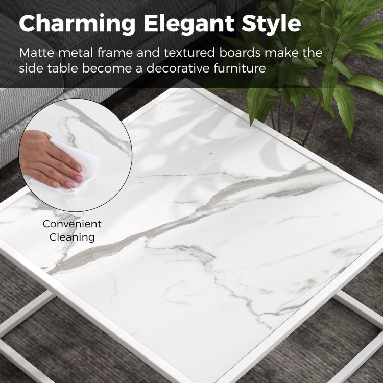 Modern square coffee table with faux marble top and matte steel frame, perfect for living room decor and easy cleaning.