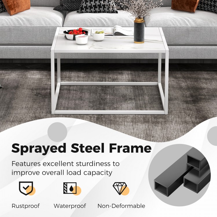 Modern glass square coffee table with a matte steel frame and faux marble top, perfect for living room decor.