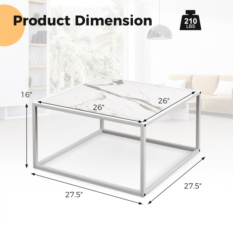 Square coffee table with faux marble top and matte steel frame, measuring 26"x26", ideal for living room use.