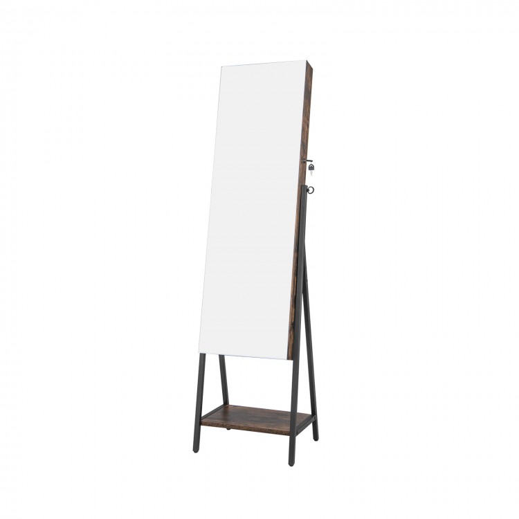 Freestanding jewelry cabinet with full-length mirror in rustic brown, featuring multiple storage options and elegant.