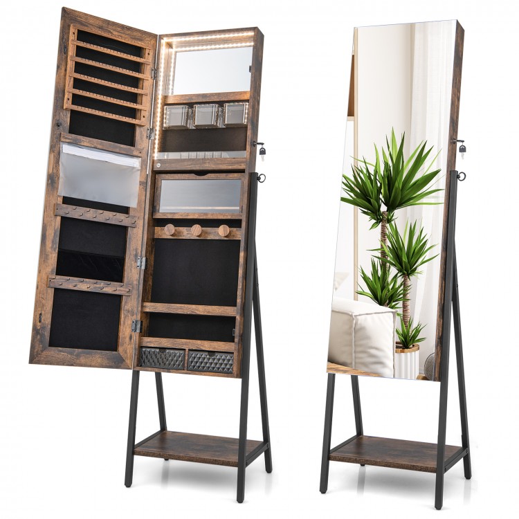 Freestanding jewelry cabinet in rustic brown with full-length mirror, LED lights, and multiple storage compartments.