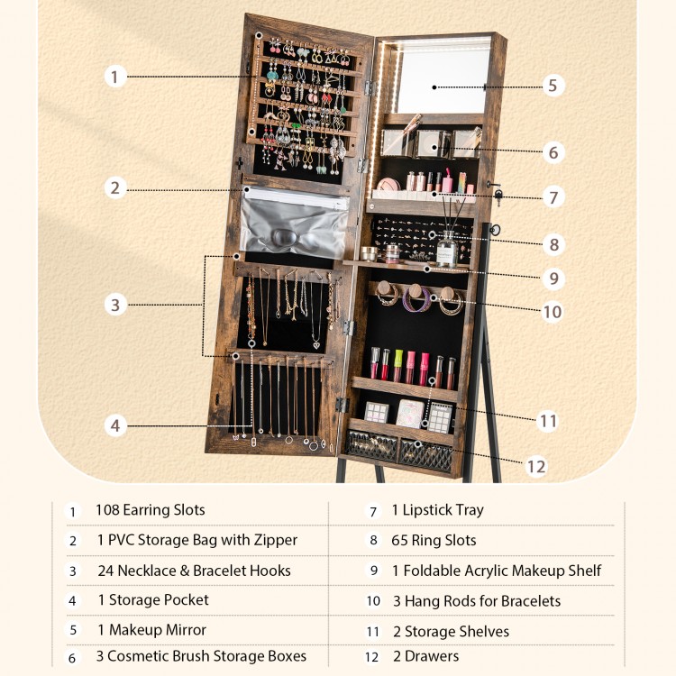 Freestanding jewelry cabinet in rustic brown with full-length mirror, multiple storage options, and lockable design.