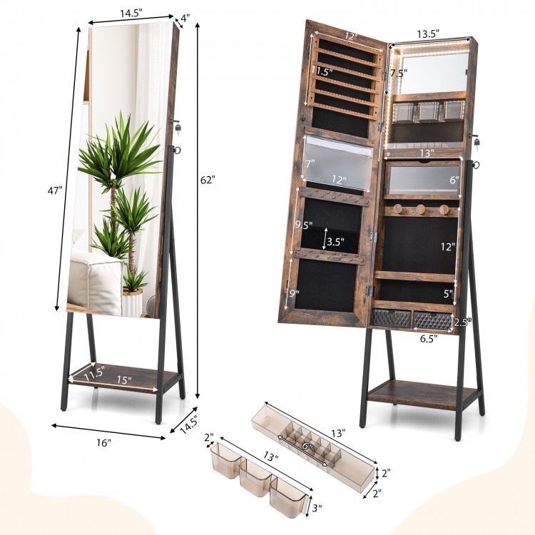 Freestanding jewelry cabinet in rustic brown with full-length mirror, multiple storage compartments, and adjustable.