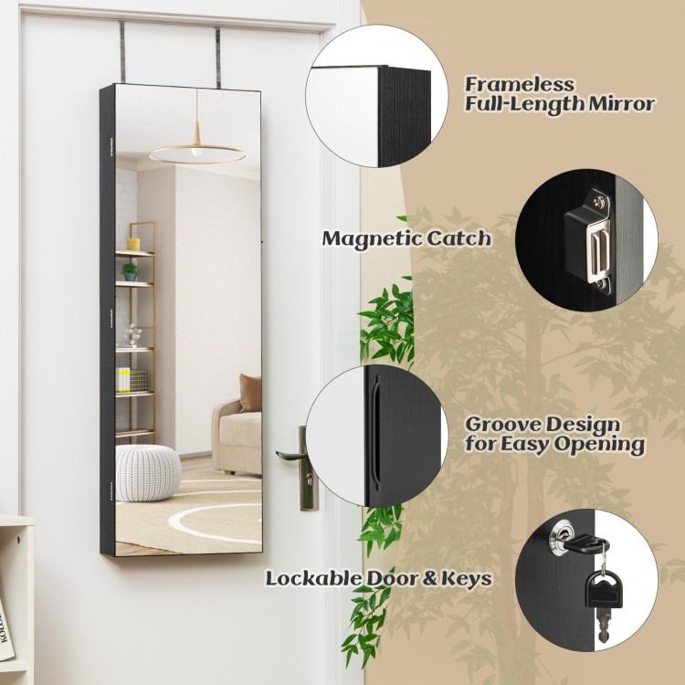 Wall-mounted jewelry cabinet with full-length mirror, lockable design, and large storage for jewelry and cosmetics.