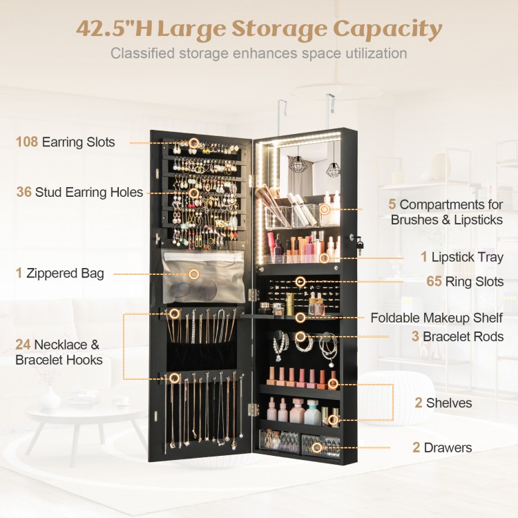 Wall mounted jewelry cabinet in black with full-length mirror, featuring large storage for necklaces, earrings, and.