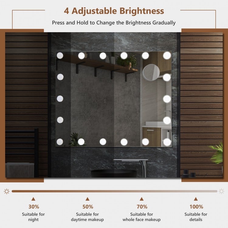 Vanity mirror with 18 dimmable LED bulbs, featuring 4 adjustable brightness levels and 3 color lighting modes.