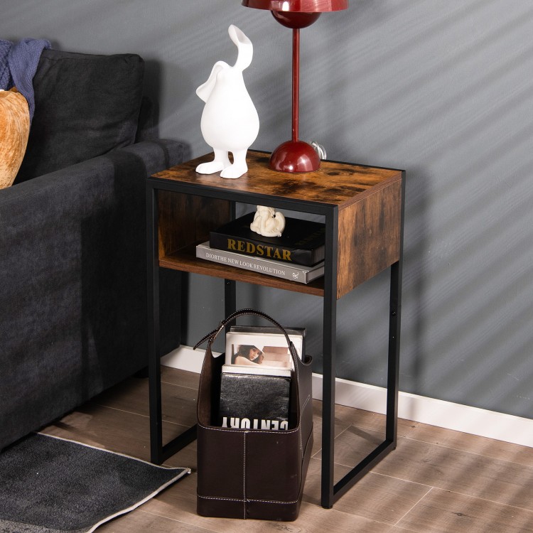 Industrial side table with open storage, MDF top and anti-rust steel frame, perfect for compact spaces in living rooms.