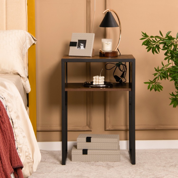 Industrial side table with anti-rust steel frame and open storage, perfect for compact spaces in bedrooms or living.