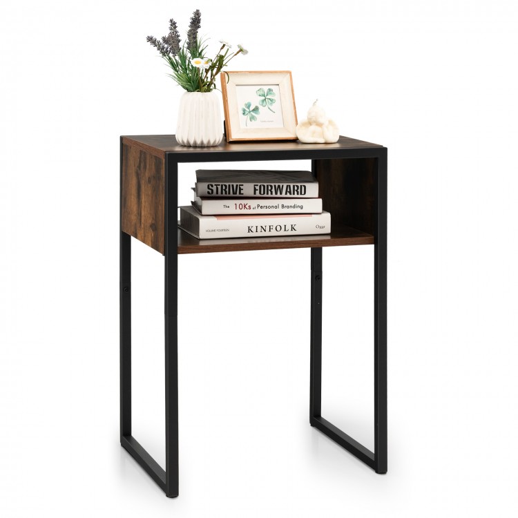 Industrial side table with open storage, MDF and steel frame, perfect for compact spaces in living rooms or bedrooms.